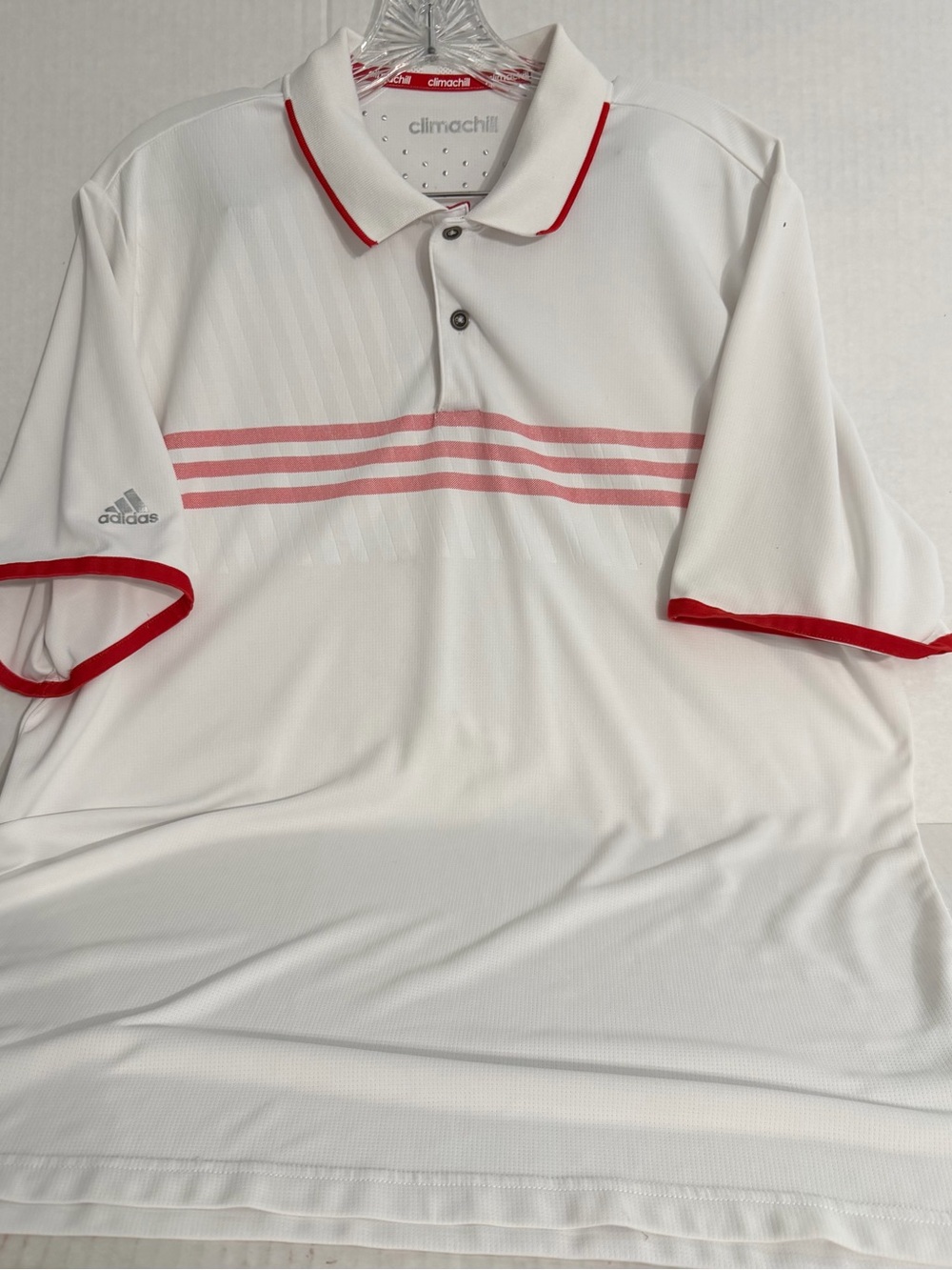 adidas Climachill White Polo with Red Trim and Pink Stripes